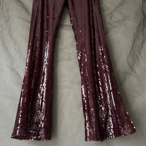 Pretty Little Thing Oxblood Red Sequin Flared Leg Pants US Size 4 - Picture 4 of 8